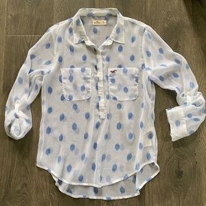 Hollister White Blue Polka Dots Sheer Chiffon Blouse Button-up Shirt Top S